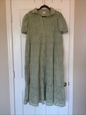 Puff Sleeve Eyelet Button-Front Maxi Dress in Sage Green